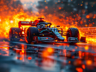 Wall Mural - A burning Formula 1 car on a race track. Formula 1 tires on fire.