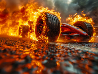 Wall Mural - A burning Formula 1 car on a race track. Formula 1 on fire.