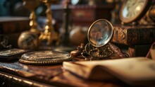 Vintage Objects And Magnifying Glass On A Wooden Desk