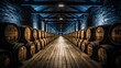 Aging facility with whiskey, bourbon, and scotch barrels for maturation process