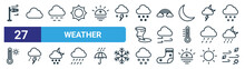 Set Of 27 Outline Web Weather Icons Such As Windsock, Cloud, Haze, Rainbow, Windy, Thunderstorm, Hail, Wind Vector Thin Line Icons For Web Design, Mobile App.