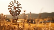 A Vintage Windmill Stands Tall In A Sundrenched Field, Its Rusted Metal Parts Slowly Being Restored To Their Former Glory By Dedicated Historical Society Members.
