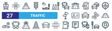 Set Of 27 Outline Web Traffic Icons Such As Tram, Roundabout, Toll Road, Toll Road, Driver License, Bus, Gas Station, U Turn Vector Thin Line Icons For Web Design, Mobile App.