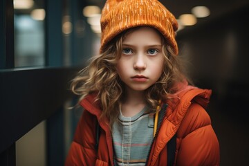 portrait of sad little girl in orange hat and jacket looking at camera