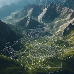 From above view intricate mountain landscape background in geometrical shapes and wireframe conections