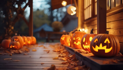 Wall Mural - Spooky, Glowing Jack-o'-Lantern with Carved Creepy Face, Illuminated by Candlelight, Smiling in the Dark Forest - Halloween Decoration