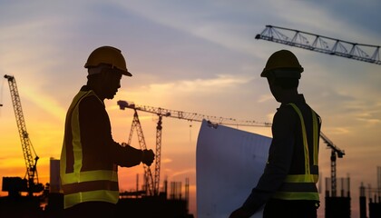 Double exposure image of construction worker holding safety helmet and construction drawing against the background of surreal construction site in the city.ai generated