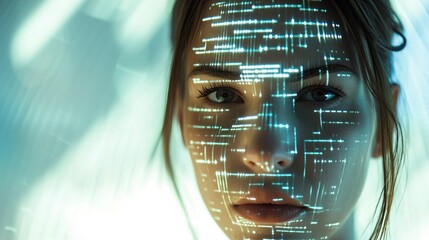 Wall Mural - Close up portrait of woman with computer vision and data visualize on her face. New technologies, futuristic and AI concept