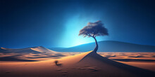 Tree In Desert At Blue Sky Night 
