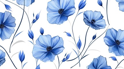 Naklejka na meble seamless pattern with blue flowers_and bud on white bac, generative ai