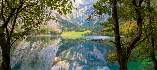 Wall Mural - panoramic view of obersee lake landscape in germany alps,