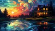 Stylized landscape houses rolling river at night Ai Generative