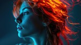 Fototapeta  - A profile shot of a woman with cascading, fiery red hair, her skin glowing with a luminescent blue light, creating a striking contrast and a mesmerizing effect reminiscent of the Northern