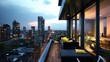Modern balcony with glass balustrade, evening cityscape view, outdoor furniture with yellow cushions, interior lighting, apartment high-rise buildings, clear sky, dusk ambiance, urban setting, luxury 