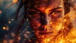 A closeup of a woman warrior with a serious expression, her eyes glowing with a fiery intensity. The sparks around her seem to swirl and dance, as if she is harnessing their power for her