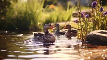 The Soothing Sound Of Water And The Gentle Movements Of Ducks And Geese Create A Calming Scene In A Quaint Farm Pond, A Perfect Escape From The Bustle Of Everyday Life.