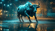buffalo in water Bull running on a wet road at night. Motion blur effect