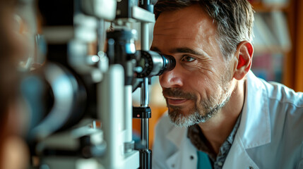 A man has his eyesight checked by an ophthalmologist. Laser vision correction.