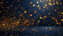 Abstract Particle Background With Golden Sparkling And Glowing Gold Stars. Christmas Glow On Bokeh Background. Gold Foil Texture Background.