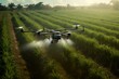Aerial drone fertilizing sugar cane farm in 3D. Generative AI