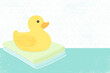 A yellow rubber duck and folded wash cloths, in a cut paper style with textures
