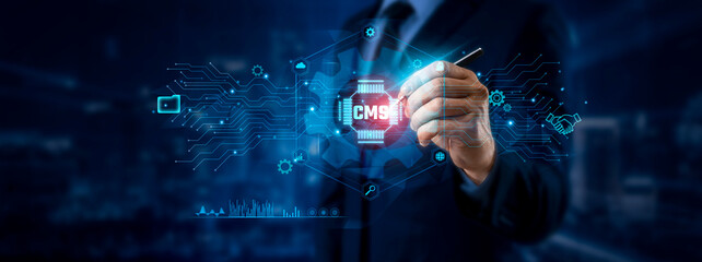 CMS Concept. Businessman Pointing to Content Management System Icon and Data for Global Communication Network on Graphic Interface. Efficiency, User-friendly, Integration, Streamlined.