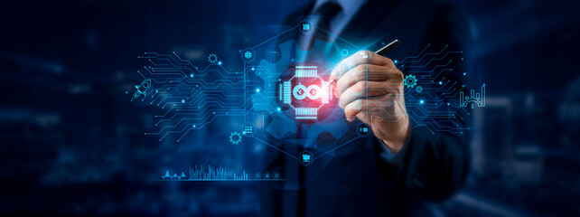 Wall Mural - devops concept. businessman pointing to devops icon and data for global development operations netwo