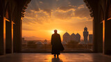 Fototapeta  - Silhouette Of a Person Walking Against the Backdrop of Traditional Iranian Architecture During Sunset, AI-Generated
