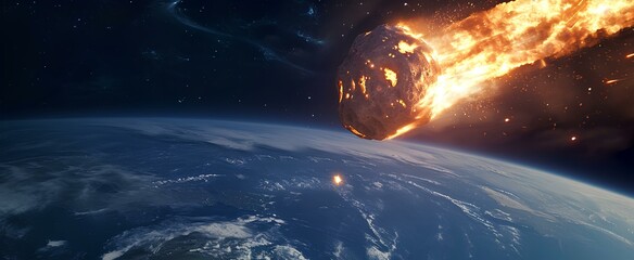 Wall Mural - meteorite falling, a huge gigantic burning asteroid in space flyng towards the planet earth. collide