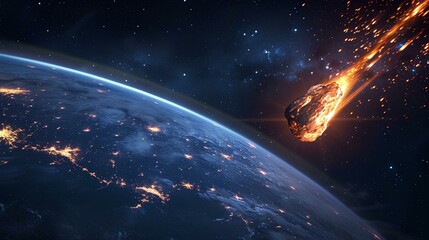 meteorite falling, a huge gigantic burning asteroid in space flyng towards the planet earth. collide