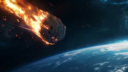 Wall Mural - meteorite falling, a huge gigantic burning asteroid in space flyng towards the planet earth. collide