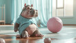 baby hippopotamus with a ball in gim, at blue backround. Comic concept of animals and in human roles,	
