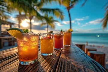 Various delicious cocktails on the bar counter against the background of palm trees