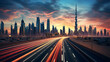 the view of the futuristic Dubai skyline and Syeikh Zayed with beautiful sunset sky