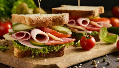 Dos sandwiches de vegetales y jamón serrano con lechuga y pepinillos