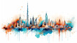 © Aura - abstract city skyline with sights of Dubai on white background