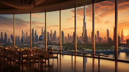 Wall Mural - a beautiful skyline view of Dubai UAE as seen from Dubai Frame Burj Khalifa with dramatic sky