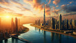 beautiful sunset in aerial view of Dubai city