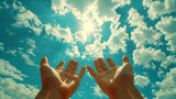 Fototapeta  - Prayer. A petition from God. Hands are turned towards the sun.