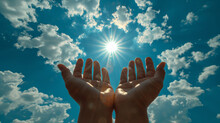 Prayer. A Petition From God. Hands Are Turned Towards The Sun.