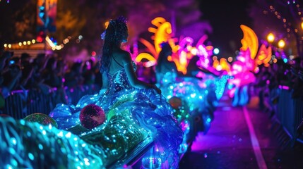 Sticker - A neon mermaid float glistens as it makes its way down the parade route surrounded by dancers dressed as sea creatures