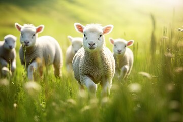 herd of cute baby sheep and lambs are running in a grassy area during sunshine