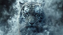 A Majestic Tiger Emerges From The Sinuous Forms Of Smoke In An Ethereal Spectacle. Siberian Tiger Head Made Of Smoke In Wildlife Grandeur.