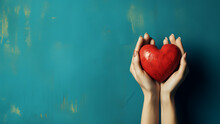 A Woman Hold A Red Heart In Her Hands.
