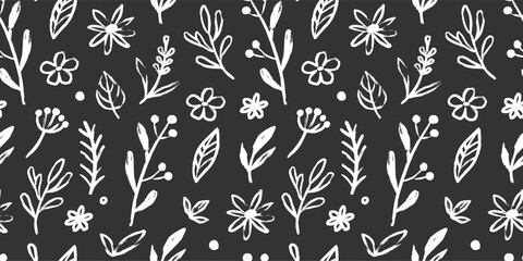 Wall Mural - Abstract flower doodle brush seamless pattern. Sketch hand drawn spring floral plant, nature graphic leaf, scribble grunge brush texture black and white ink seamless pattern. Vector illustration