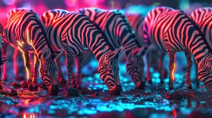 Wall Mural - A herd of neon zebras grazing on the neon gr their bold stripes creating a mesmerizing pattern