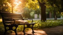 A Book Sits On A Park Bench In The Sun. Generative AI.