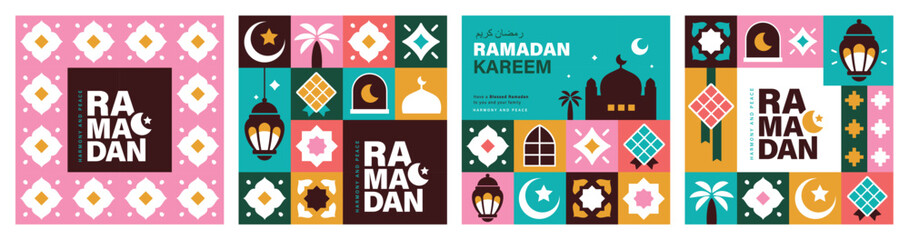 Wall Mural - Set of Ramadan Kareem vector illustration in flat geometric style design for poster, greeting card, banner and cover.
