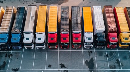 Fleet of trucks parked at parking lot yard of delivery company. Truck transport. Logistic industry. Commercial truck for delivering goods from warehouse.