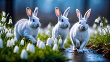 White Rabbits In A Forest Clearing With Green Grass And Snowdrops